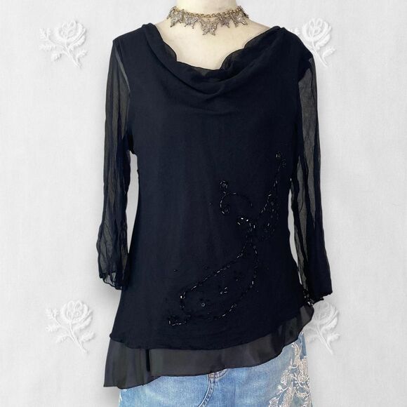 Vintage 90s Whimsygoth Asymmetric Black Beaded Silk 3/4 Sleeve Blouse L - Picture 1 of 8